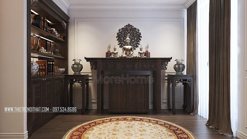 Tạo ra một thiết kế nội thất hiện đại cho phòng thờ chung cư với tông màu nâu trầm sang trọng.