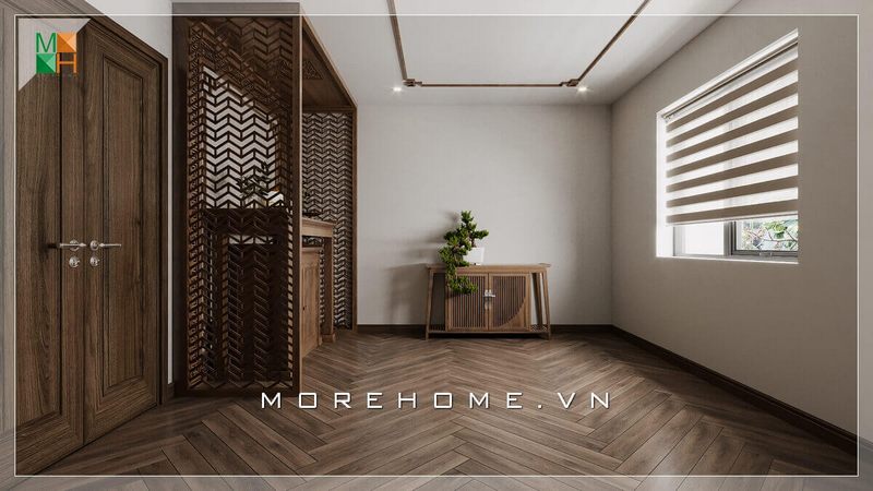 Gỗ óc chó tự nhiên cao cấp là chất liệu chính để trang trí phòng thờ, sàn lát gỗ tăng thêm sự sang trọng và giá trị đầu tư của chủ nhân vào không gian này.